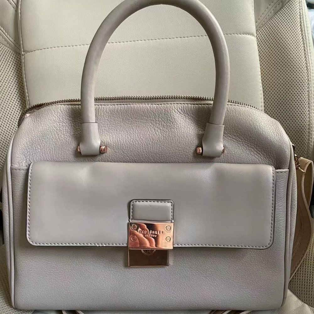 Ted Baker authentic Beige Leather Satchel with rose gold tone metal
